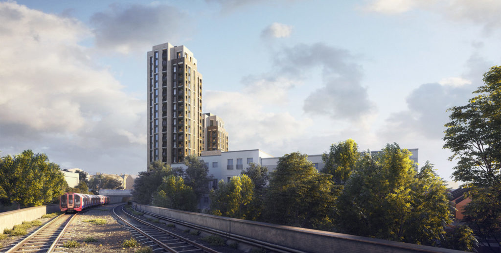 An impression of how the Southgate Office Village development would look, viewed from the Piccadilly Line