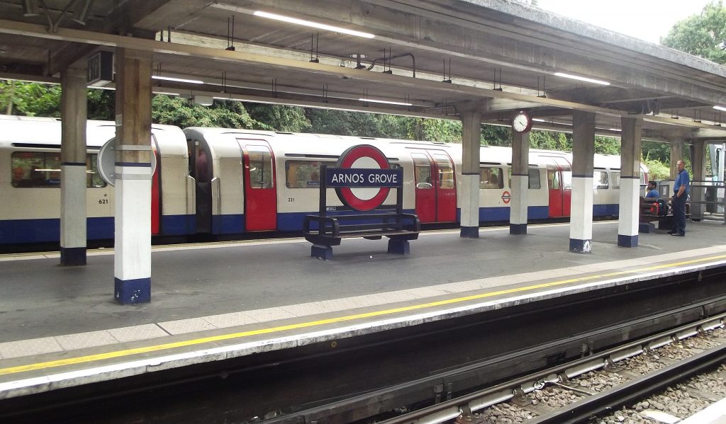 A Piccadilly Line train at Arnos Grove, one of four stations in Enfield served by the London Underground route