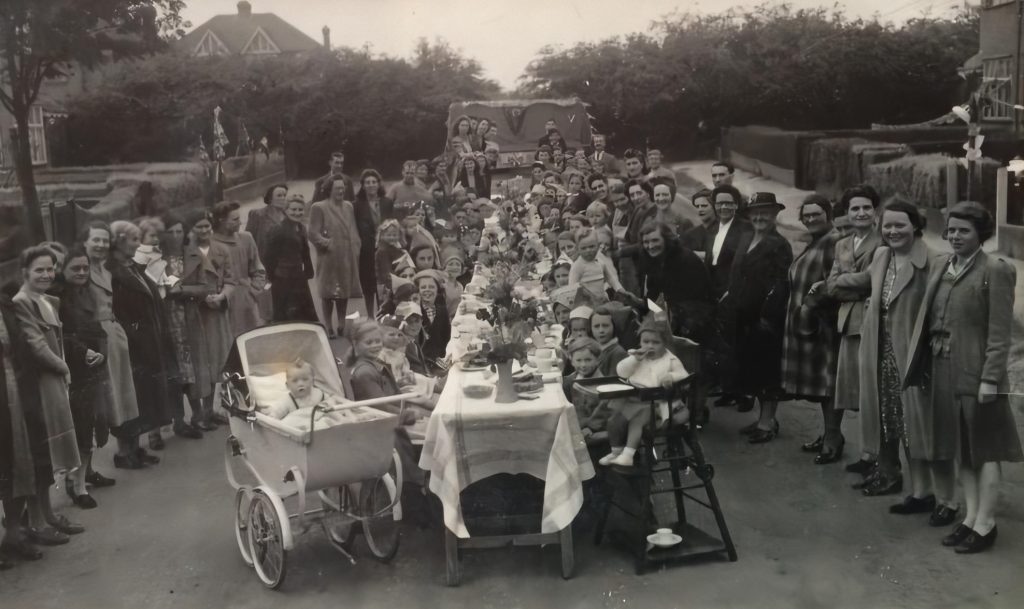 The VE Day street party held in Aylands Road, Freezywater, in May 1945