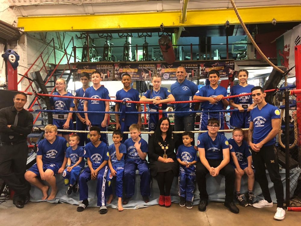 Councillor Saray Karakus, then the mayor of Enfield, on a visit to Supreme Kickboxing in 2018. The club has not yet been able to resume indoor training.
