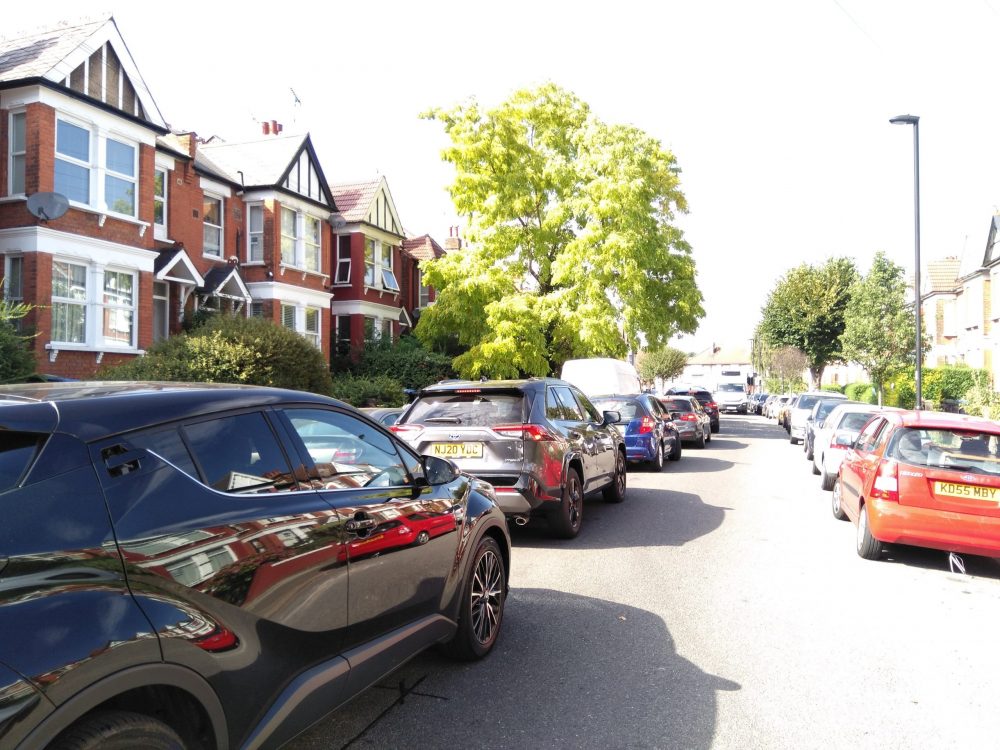 Traffic queueing to enter the North Circular from Warwick Road, prior to the implementation of a low-traffic neighbourhood scheme in Bowes Park