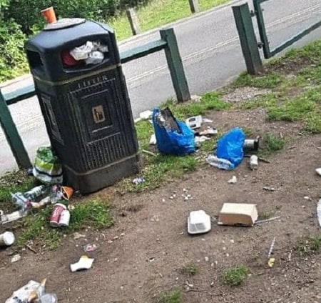 Rubbish strewn around an overflowing litter bin in Trent Park