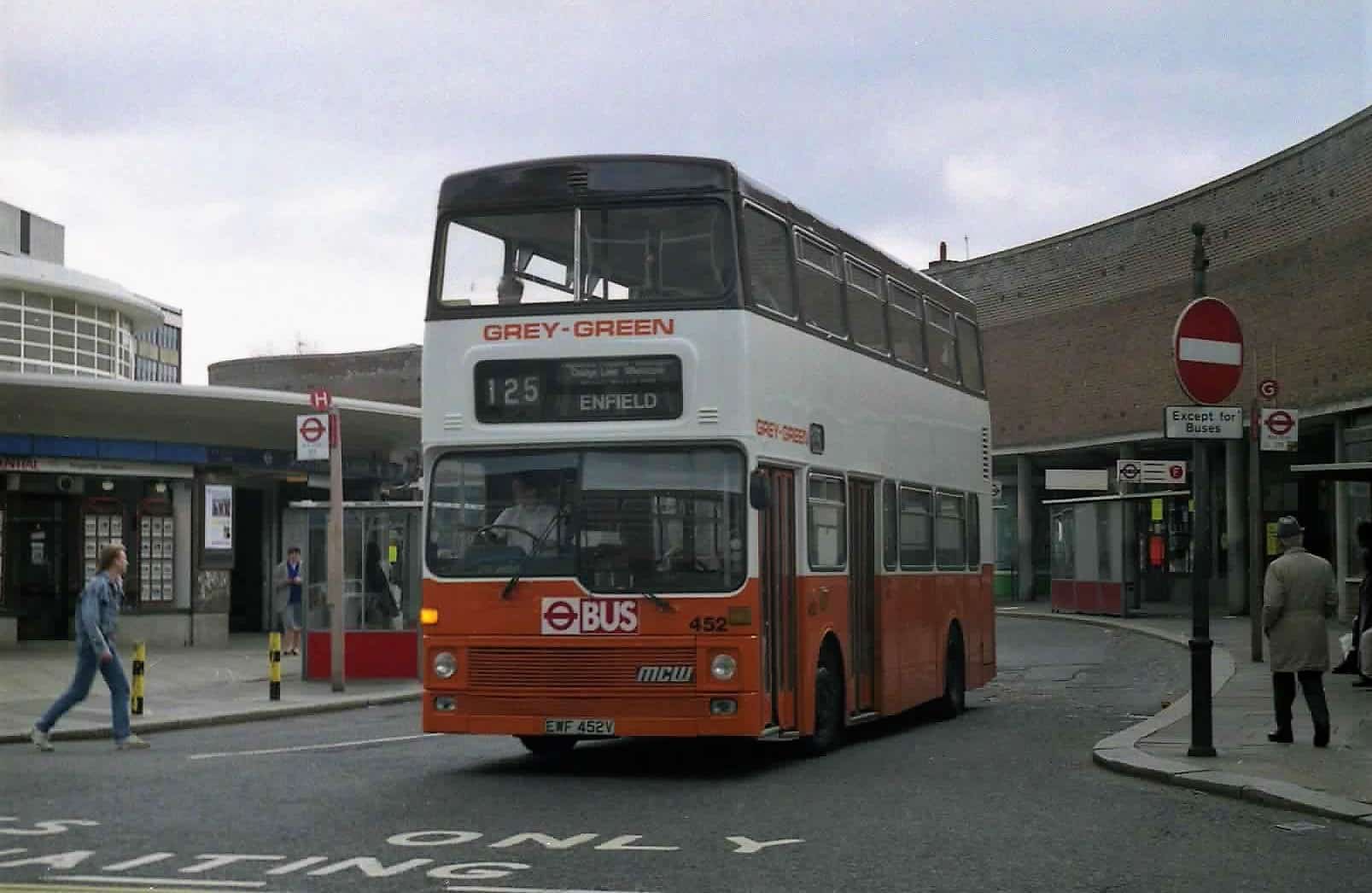 Grey Green began running the 125 service, seen here at Southgate Underground Station, in 1987