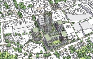 Aerial view of proposals for a 26-storey tower on a redeveloped Palace Gardens shopping centre in Enfield Town
