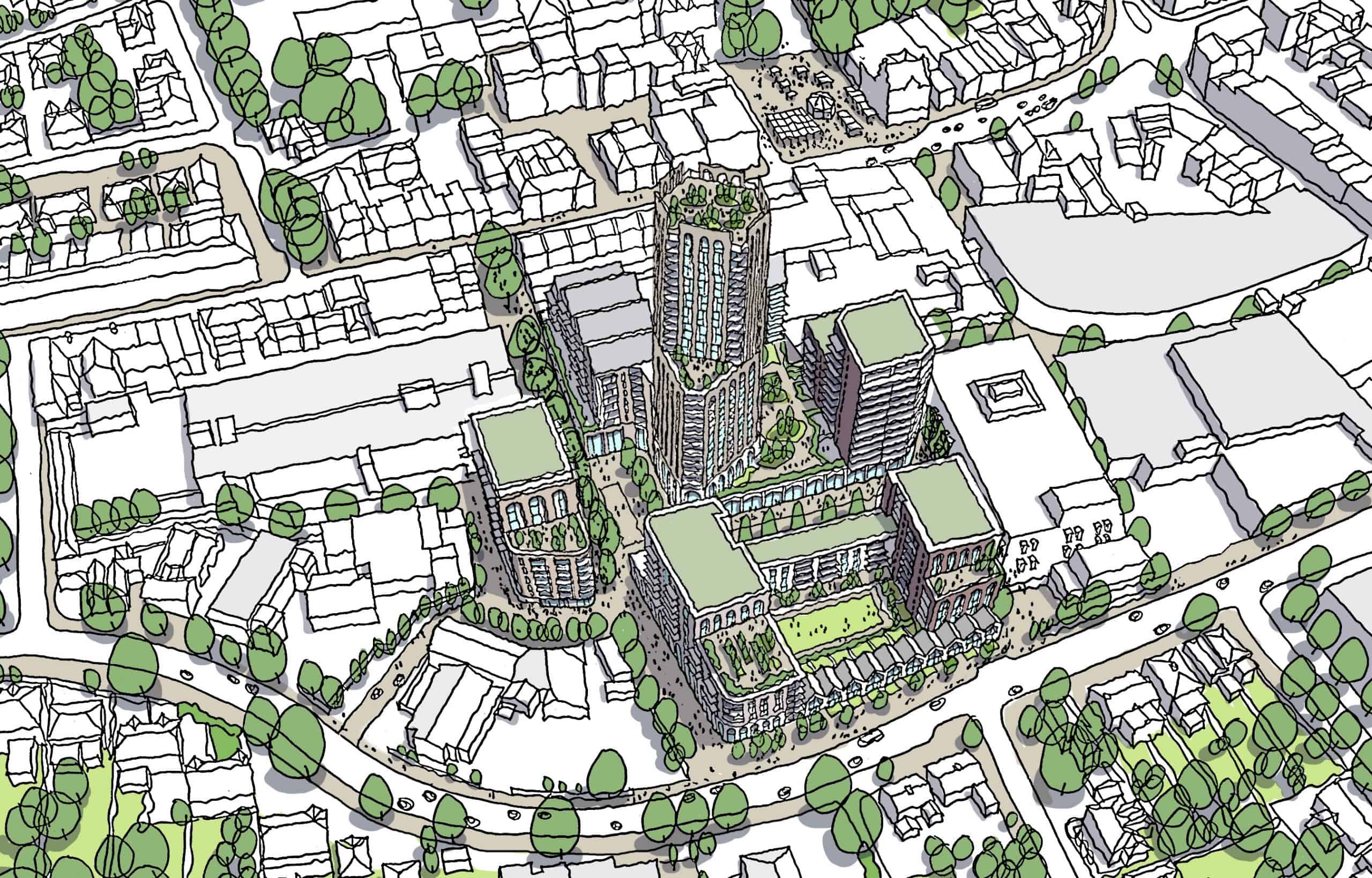 Aerial view of proposals for a 26-storey tower on a redeveloped Palace Gardens shopping centre in Enfield Town