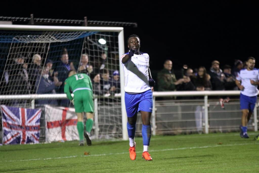 Neville Nzembela celebrates his goal for Enfield Town in what was the club's final game before the second lockdown; an entertaining 3-2 win against Brightlingsea Regent (credit Tom Scott)