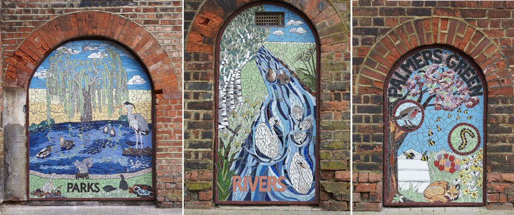 The mosaics at Palmers Green Station, made by Alex McHallam and Tamara Froud, take inspiration from the area's parks and open spaces (credit Amanda Eatwell www.amandaeatwellphotography.com)