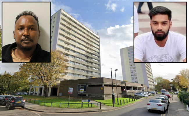 Holbrook Close, where Abdi Ibrahim Osman (inset, left) stabbed Nahid Ahmed (inset, right) to death, close to Purcell House where they both lived