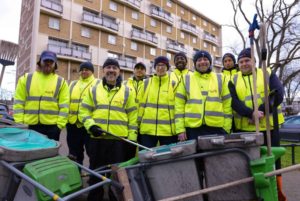 Some of Enfield Council's street-cleaning team pictured collecting waste in Angel Edmonton