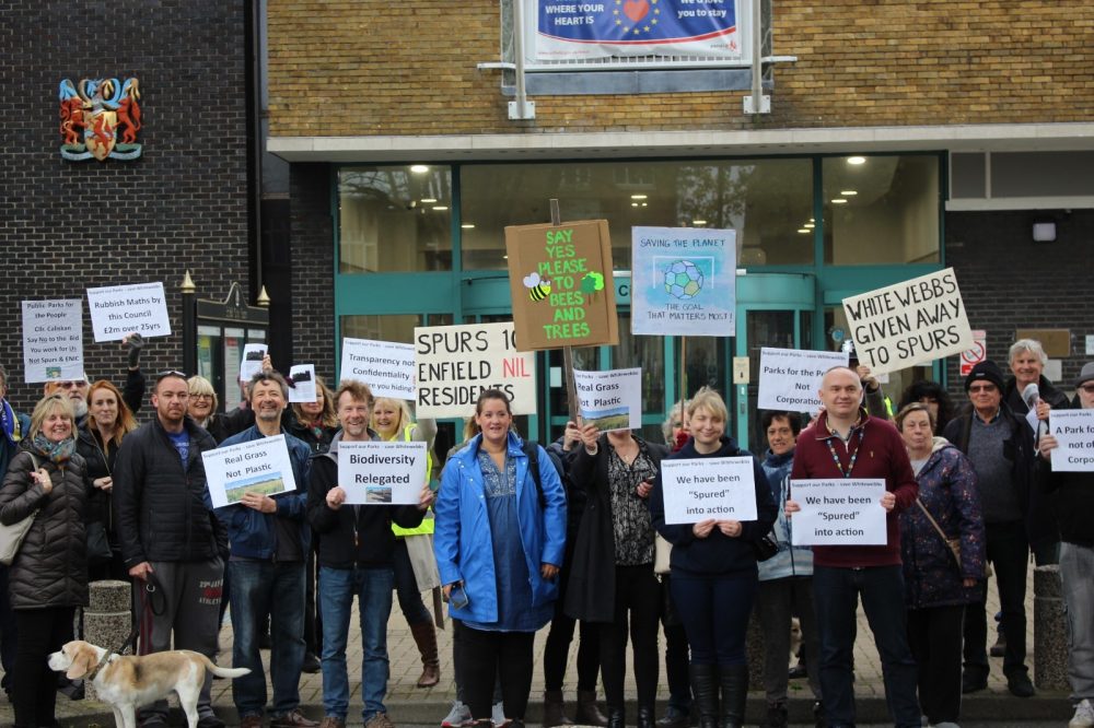 Residents protest against a decision to award the Whitewebbs Park Golf Course lease to Spurs (credit Luke Lane)