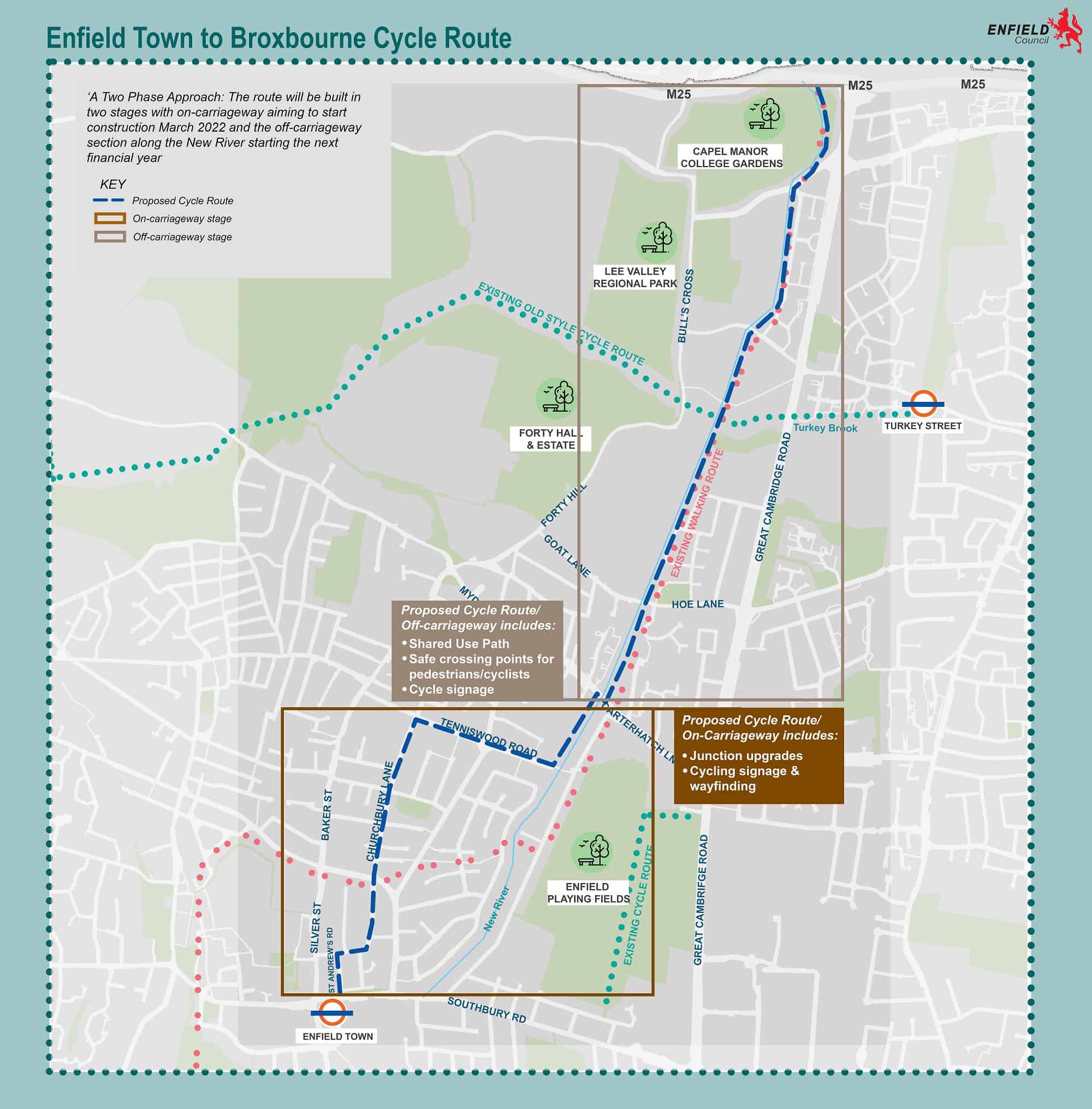 A map of the Enfield Town to Broxbourne cycle route