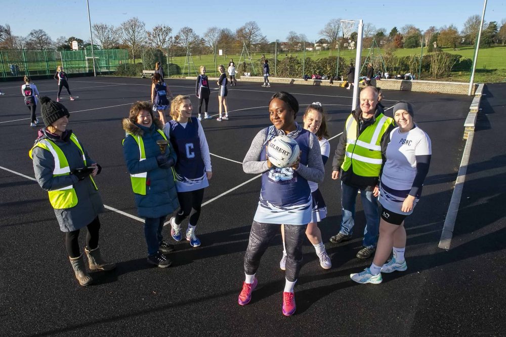 Netball players celebrate the opening of new courts in Broomfield Park (credit Enfield Council)