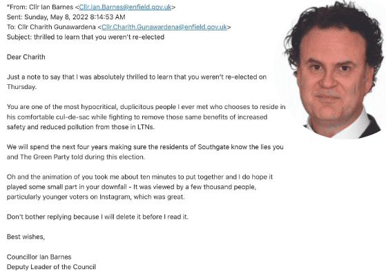 The email sent by Ian Barnes to Charith Gunawardena, who was defeated in last week's election