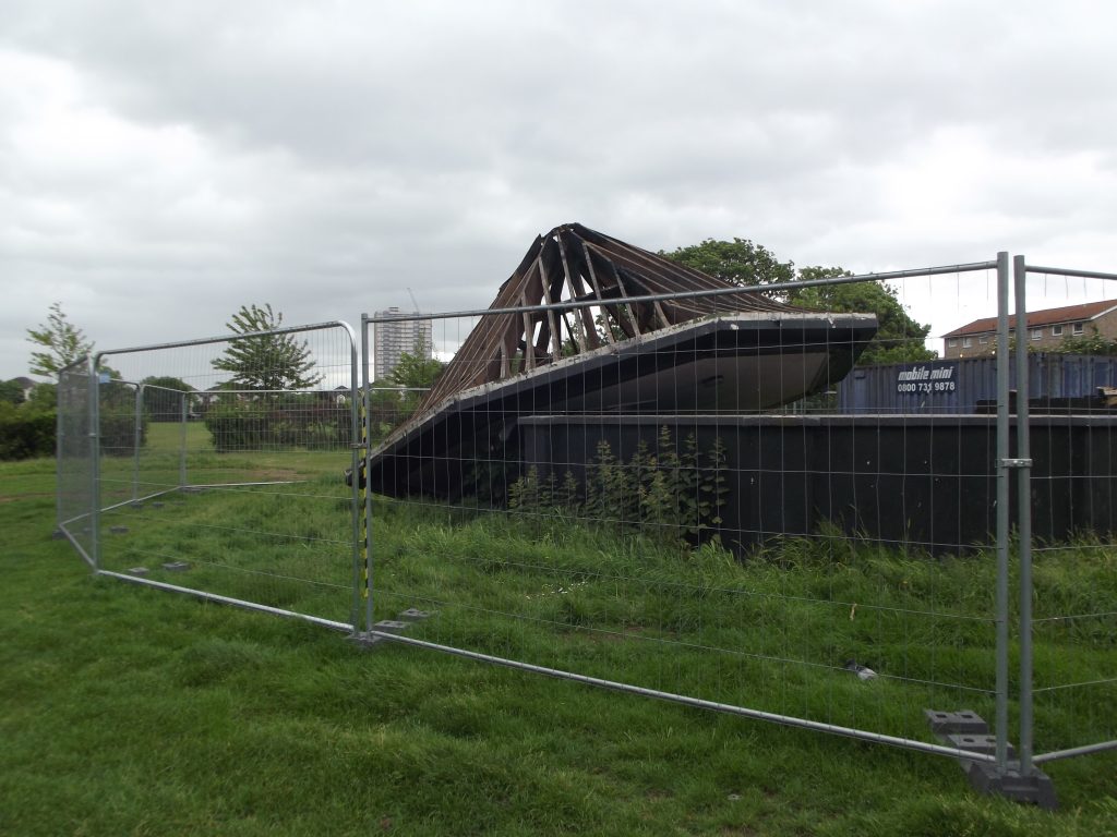 The bandstand at Ponders End Park was blown over during a storm in February and is now fenced off