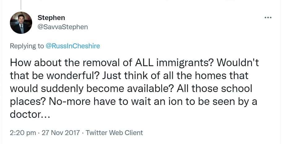 A tweet posted from Stephen Savva's account in 2017