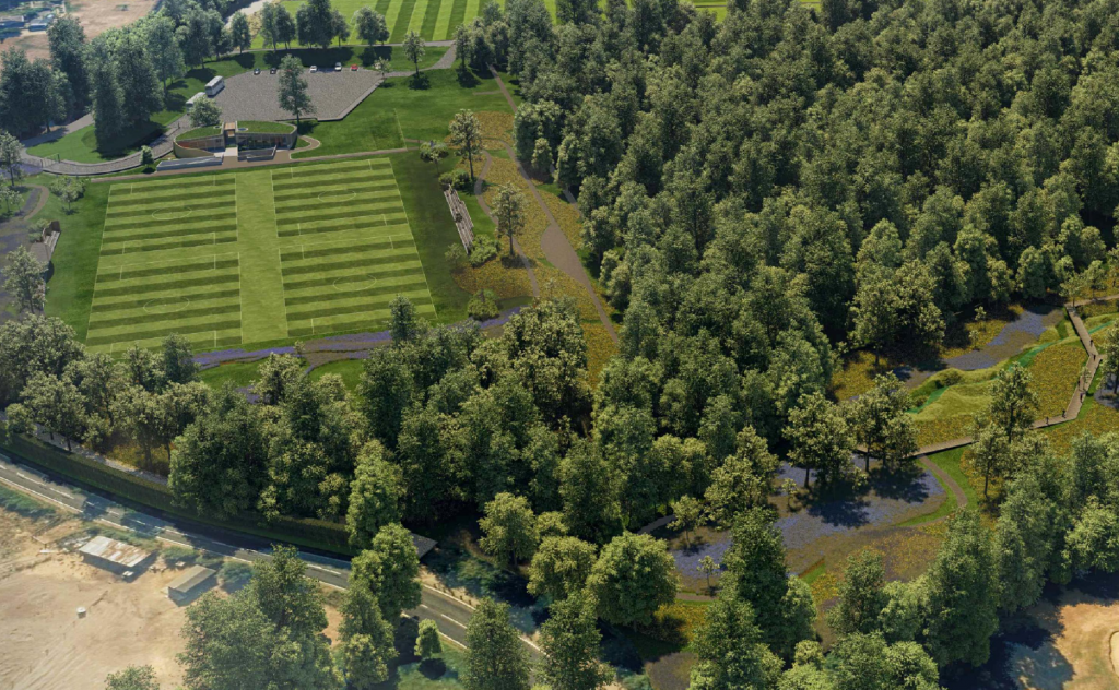 The original plans (bottom right) for a nature reserve at Dicken's Trough Meadow and (left) an environmental centre together with a nature trail and multi-use sports facility sited with the main Tottenham Hotspur training complex
