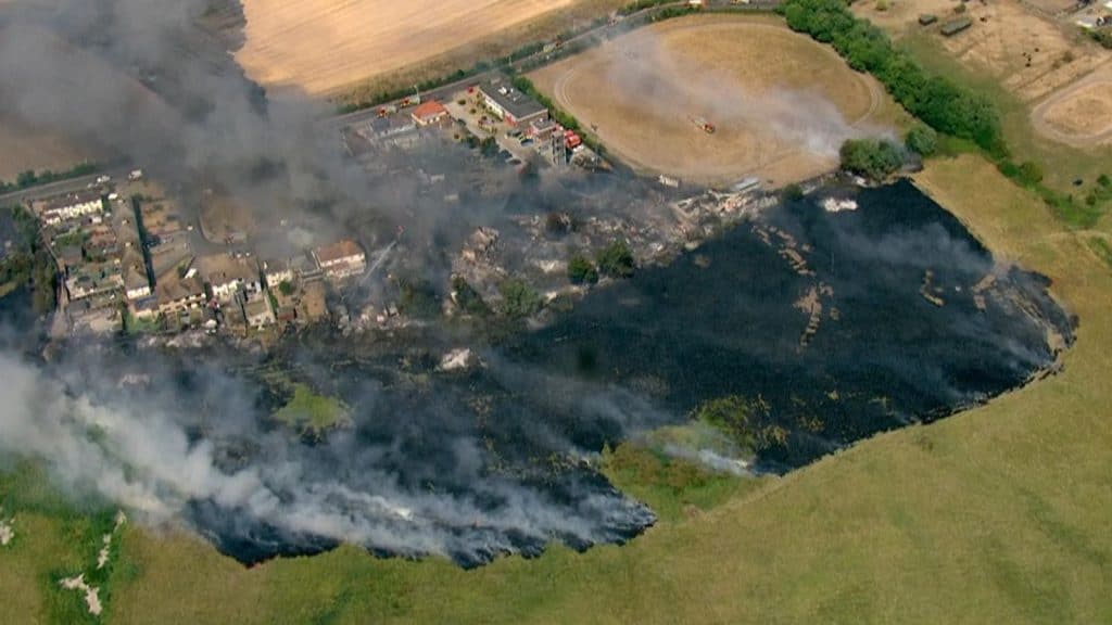 Forty homes were destroyed by fire as the UK's heat record was smashed on 19th July, with London among the places surpassing 40C for the first time (credit Sky News)