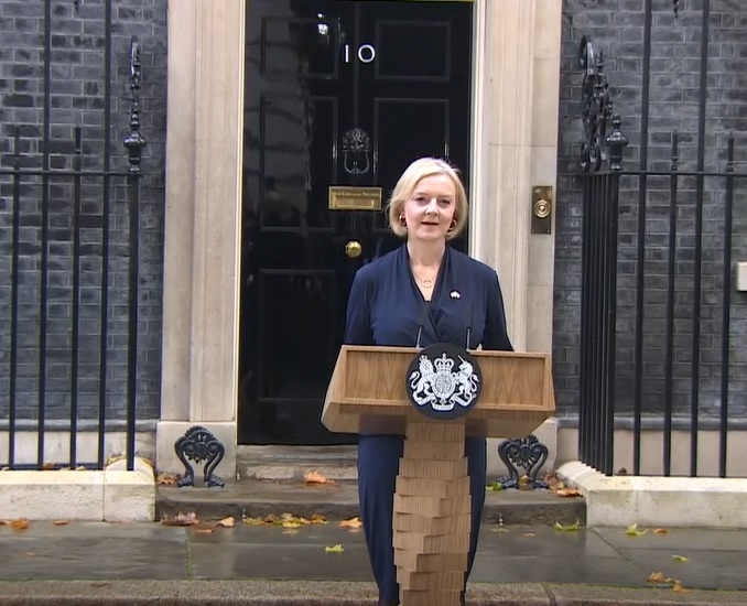 Liz Truss resigning as Conservative Party leader outside 10 Downing Street