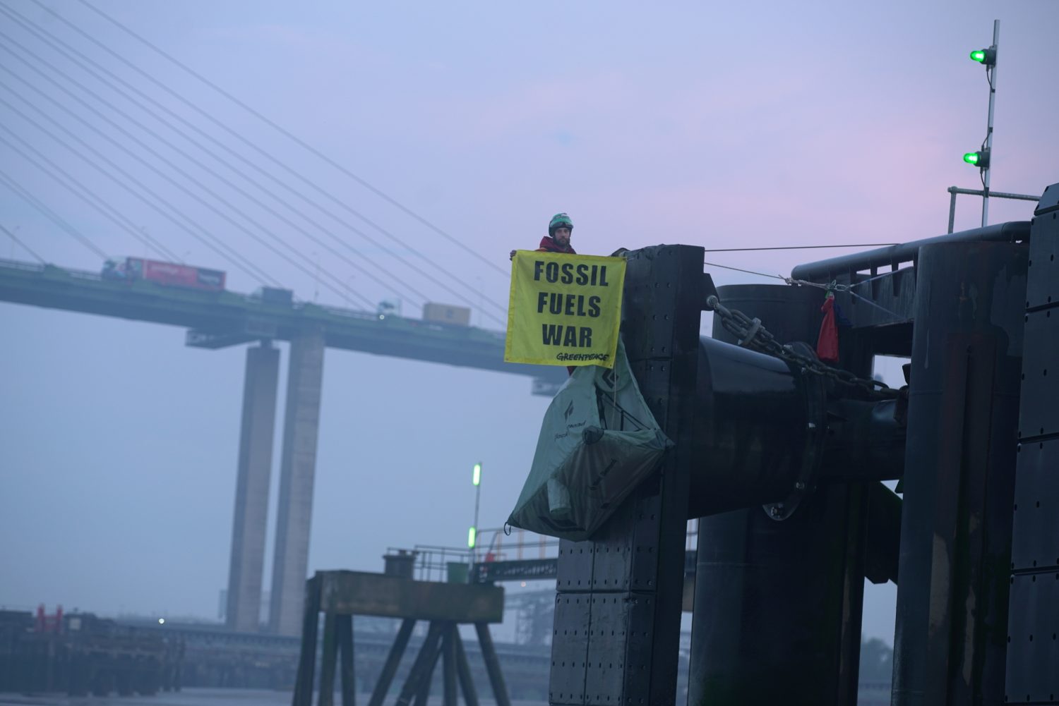 Benji Bailes pictured during the Greenpeace protest on the River Thames in April (credit Fionn Guilfoyle/Greenpeace)