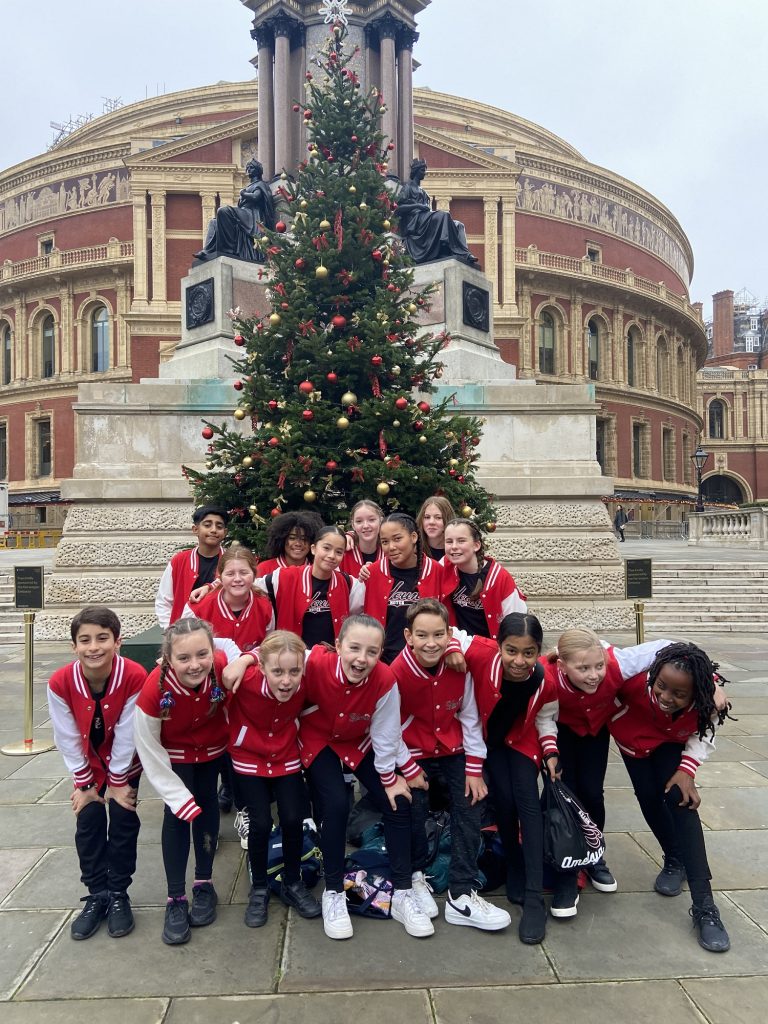 Young Notes Choir and Young Talent Academy students outside Royal Albert Hall