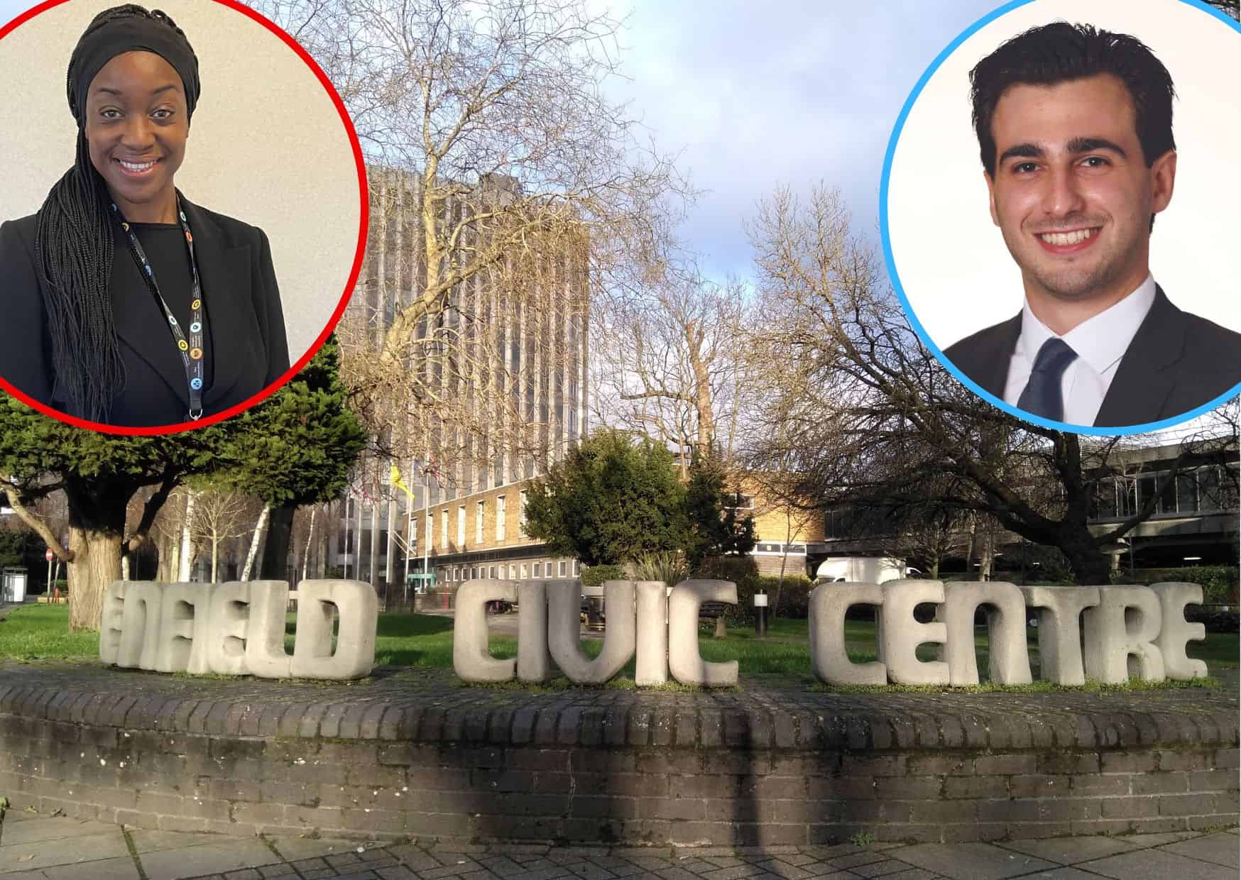 Enfield Civic Centre and (inset, left) cabinet member Chinelo Anyanwu and (inset, right) Conservative group leader Alessandro Georgiou