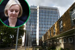 Enfield Civic Centre and (inset) Liz Truss looking sad