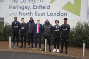 Pictured at College of North East London in Enfield Highway are Enfield Borough FC’s head of football academy Josemar Santos (third from left), Conel vice principal Robin Hindley (centre), and club chairman Marvin Walker (third from right)
