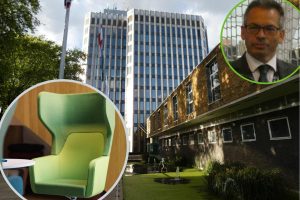 Enfield Civic Centre with (inset left) one of the £1,100 chairs and (inset right) chief executive Ian Davis