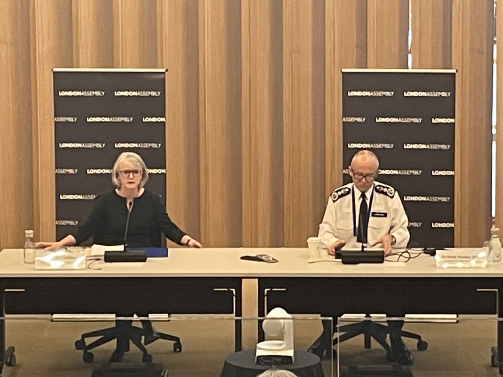 Baroness Casey (left) and Met Police commissioner Mark Rowley (right) take questions from the London Assembly's police and crime committee (credit Noah Vickers/Local Democracy Reporting Service)