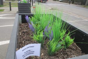 Plastic 'shrubs' in the Bowes Park LTN plant box