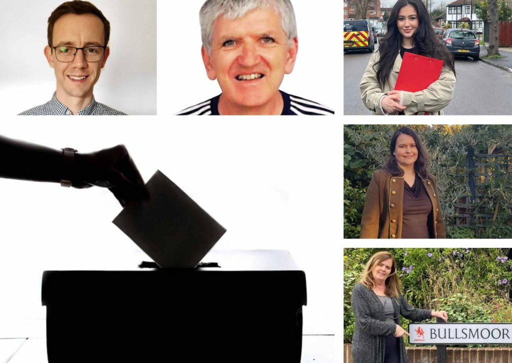The Bullsmoor by-election candidates, clockwise from top left: Tim Martin, John Dolan, Destiny Karakus, Isobel Whittaker and Christine Bellas