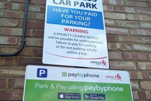 A sign at New River Car Park in Enfield Town, which has had its parking meter removed