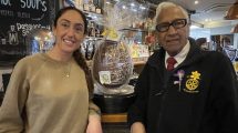 Chandu Patel and Eimear Walsh, owner of The Winchmore, with the pub’s Rotary egg