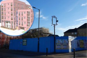 The site where The Falcon once stood and (inset) plans for new flats (credit Studio:08)