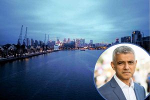 Royal Docks and (inset) Sadiq Khan