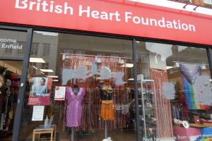 The vandalised shop front of British Heart Foundation in Enfield Town