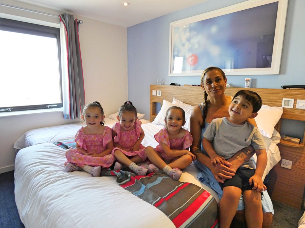 Tracey Britten with her four children at Finchley Travelodge