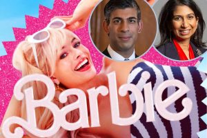 A poster for the Barbie movie and (inset) Rishi Sunak and Suella Braverman