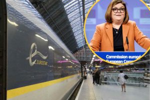 Eurostar at St Pancras Station and (inset) the EU's Adina Vălean (credit Christophe Licoppe/European Union)