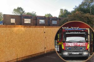 The derelict health centre in Moorfield Road and (inset) London Fire Brigade