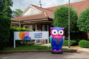 Owlbert outside North London Hospice