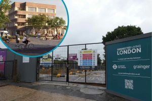 The construction site at Arnos Grove and (inset) the plans by CLL