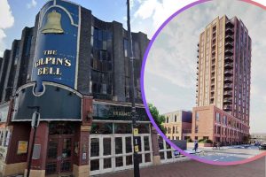 The Gilpin's Bell in Fore Street and (inset) plans for the tower (credit HTA Design LLP)