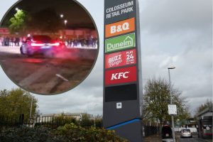 Colosseum Retail Park and (inset) a YouTube video showing a car meet there