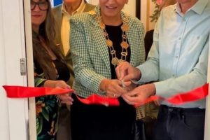 Enfield mayor Suna Hurman opens the new training centre with IT teacher John Burdon and centre manager Maria Ortiz Vega