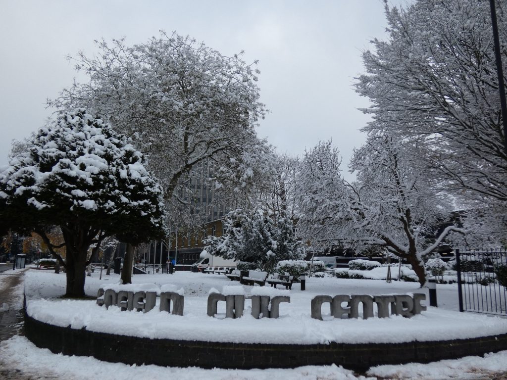 Enfield Civic Centre in the snow