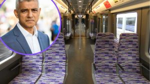 An Elizabeth Line train and (inset) Sadiq Khan