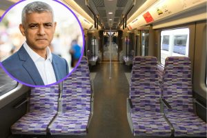 An Elizabeth Line train and (inset) Sadiq Khan