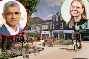 Plans for the Enfield Town scheme and (inset, left) Sadiq Khan and (inset, right) Siân Berry