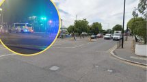 The junction of Southbury Road and Baird Road where the collision took place and (inset) police on the scene last night